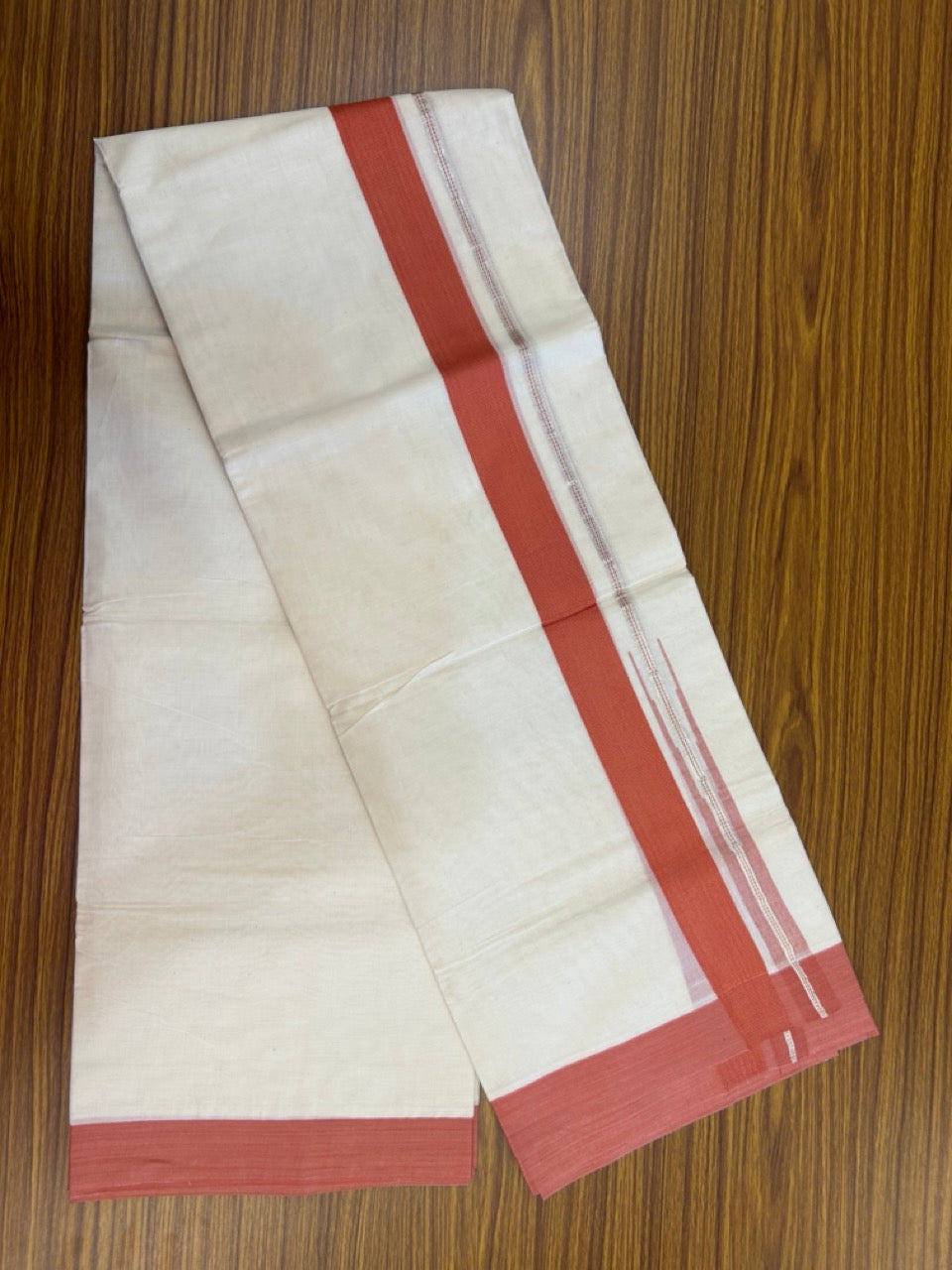 20% Discount ! KaithariKada Balaramapuram 100% Cotton Double OFF WHITE - (Unbleached) - Mundu / Dhoti- 100x80 - Puliyilakkara 1.5 inch Silver kasavu & Dark Peach striped chutty Kara - 2 KK5273 VIN