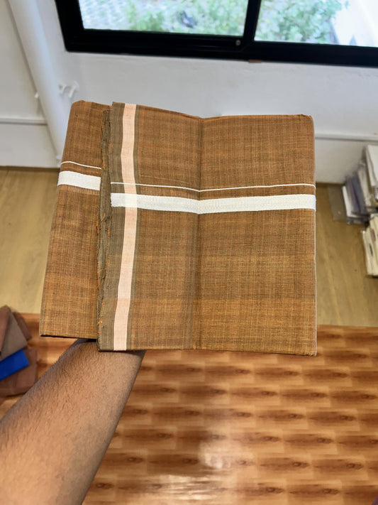 Kerala Handloom Single Kaily/Lungi - KaithariKada 100% Pure Cotton - 40s - 0.5 cm White Kara With Dark Sage Green & Light Orange colour Body - (2 meter / 4 muzham) - 18 KK8065 ELA