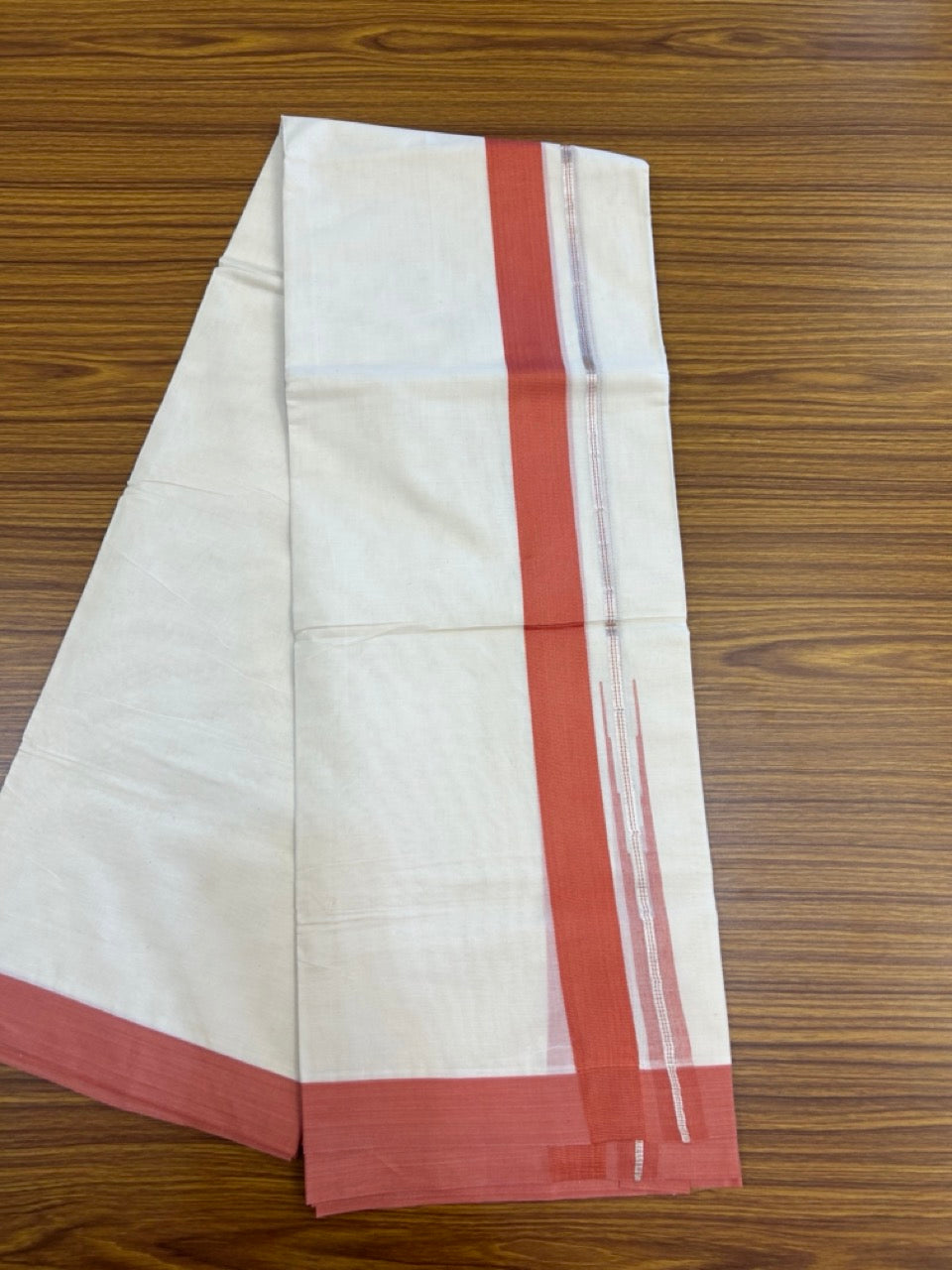 20% Discount ! KaithariKada Balaramapuram 100% Cotton Double OFF WHITE - (Unbleached) - Mundu / Dhoti- 100x80 - Puliyilakkara 1.5 inch Silver kasavu & Dark Peach striped chutty Kara - 2 KK5273 VIN