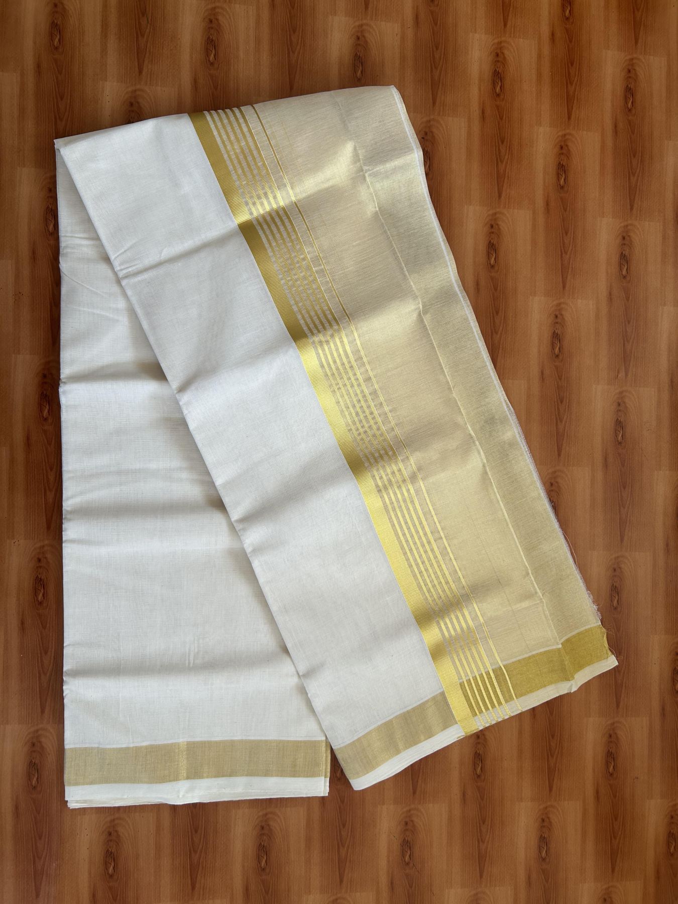 25% Discount ! KaithariKada Handloom Milpaav  - Kerala Handloom - Pure Cotton Off White - (Unbleached) Double Mundu/Dhoti - 80X90 - 6.75 inch Gold Kasav Striped & Half Tissue Kara 4 mtr (8.5 Muzham) - 48 KK5383 RAM