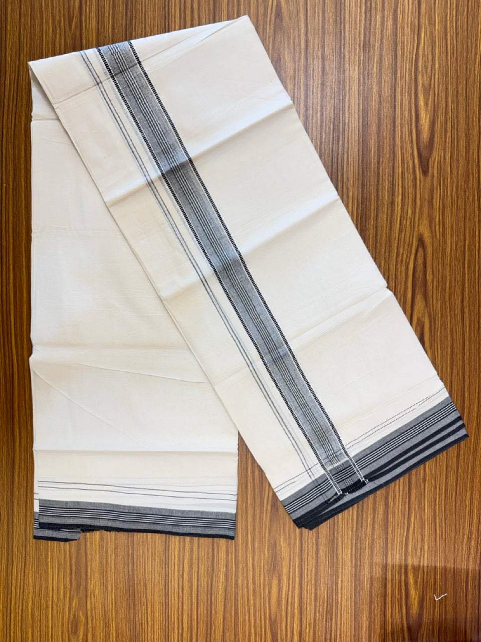 20% Discount! KaithariKada Balaramapuram 100% Cotton Off white Double Mundu/Dhoti - (100x80)S - 1.5 inch Black Shaded Striped Kara - 4mtr (8.5muzham) - 93 KK5255 VAS