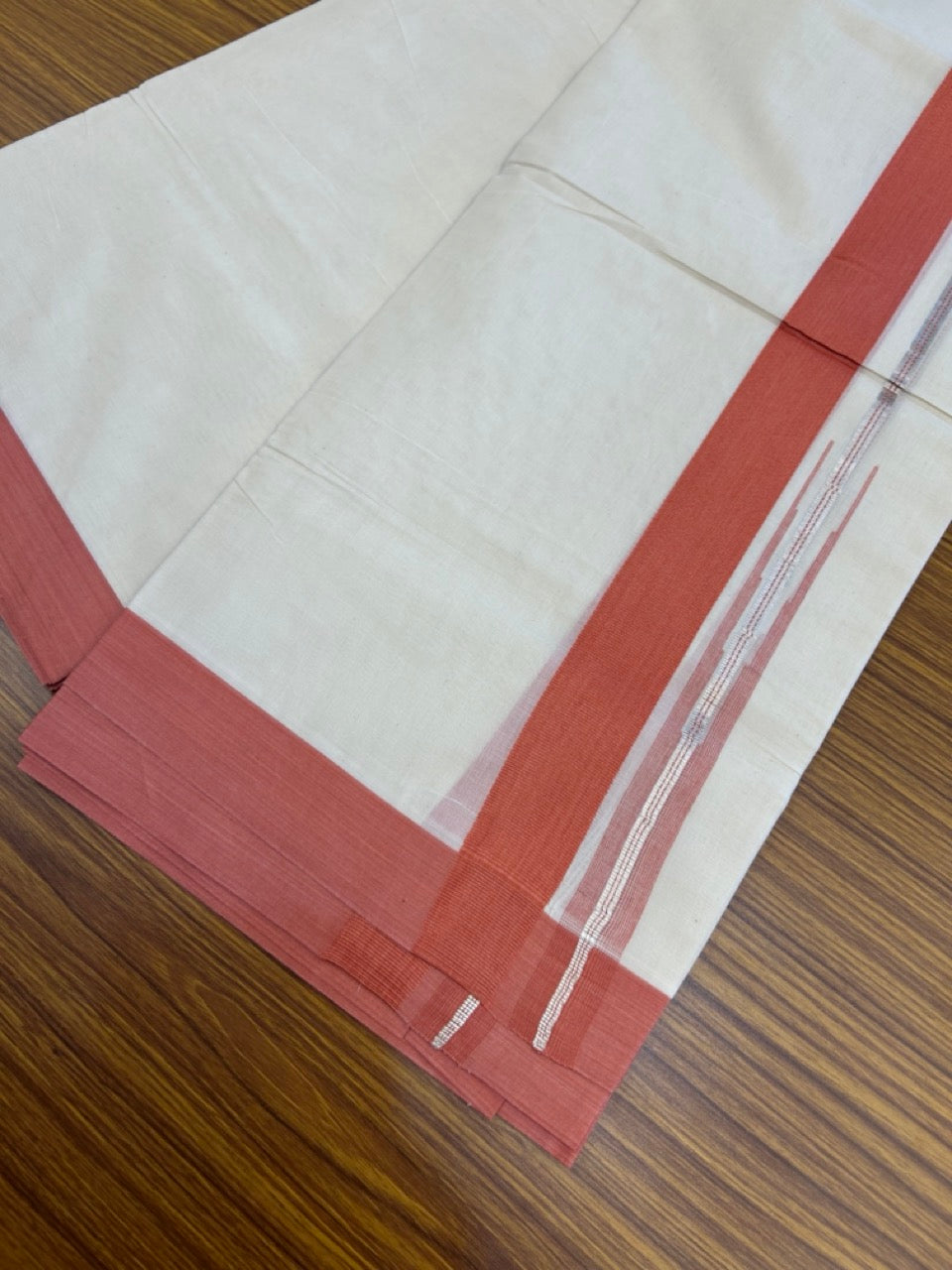 20% Discount ! KaithariKada Balaramapuram 100% Cotton Double OFF WHITE - (Unbleached) - Mundu / Dhoti- 100x80 - Puliyilakkara 1.5 inch Silver kasavu & Dark Peach striped chutty Kara - 2 KK5273 VIN