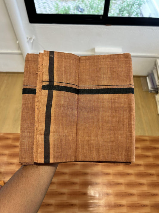 Kerala Handloom Single Kaily/Lungi - KaithariKada 100% Pure Cotton - 40s - 0.5 cm Black Stripes Kara With Dark Kavi colour Body - (2 meter / 4 muzham) - 14 KK8065 ELA