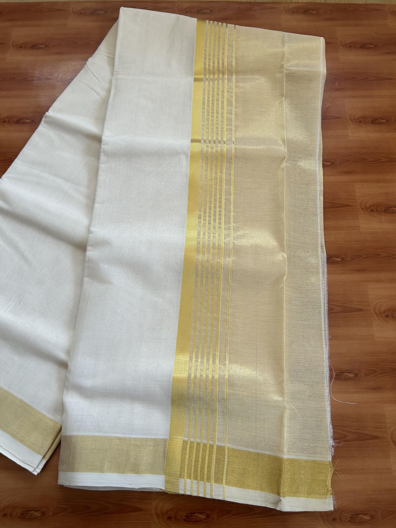 25% Discount ! KaithariKada Handloom Milpaav  - Kerala Handloom - Pure Cotton Off White - (Unbleached) Double Mundu/Dhoti - 80X90 - 6.75 inch Gold Kasav Striped & Half Tissue Kara 4 mtr (8.5 Muzham) - 48 KK5383 RAM