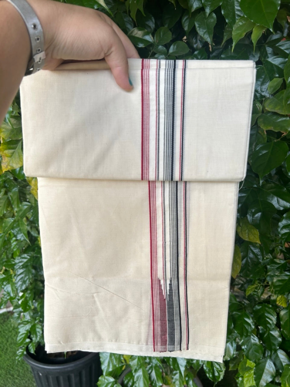 ADMK VESHTI 20% Discount !! KaithariKada Balaramapuram Double Off white - (Unbleached) Mundu/Dhoti - 100X100 - 1.5 inch Puliyilakkara Maroon Red & Black Striped Chutty Kara -4 mtr (8.5 muzham)- 19KK5238 ASH