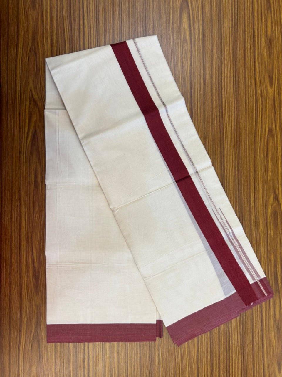 20% Discount ! KaithariKada Balaramapuram 100% Cotton Double OFF WHITE - (Unbleached) - Mundu / Dhoti- 100x80 - Puliyilakkara 1.5 inch Silver kasavu & Maroon striped chutty Kara - 3 KK5273 VIN