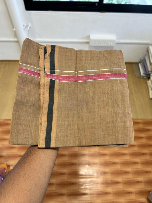 Kerala Handloom Single Kaily/Lungi - KaithariKada 100% Pure Cotton - 40s - 0.5 cm White & Onion Pink Kara With Sage Green , Dark Kavi colour Body - (2 meter / 4 muzham) - 11 KK8065 ELA