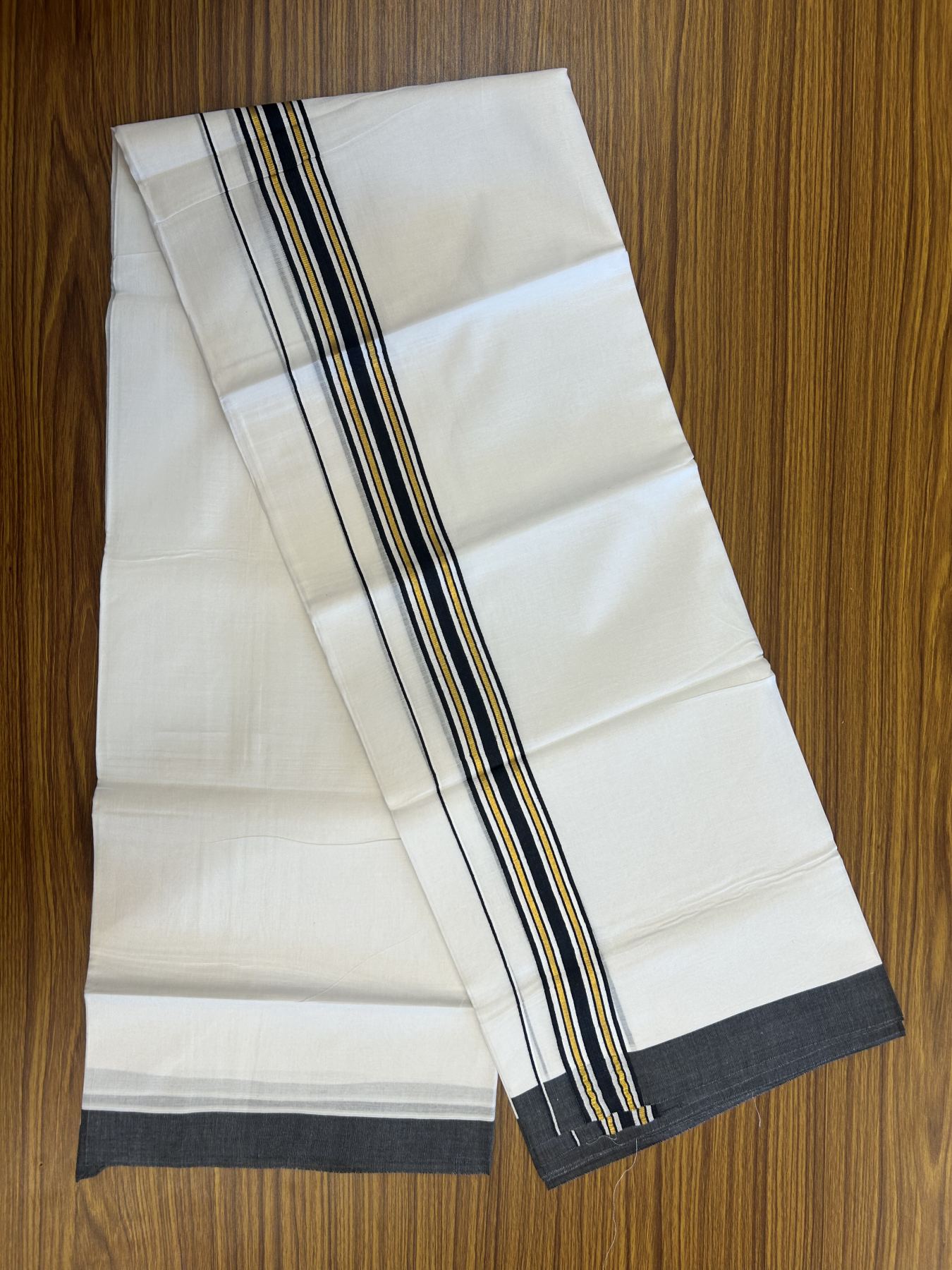 20% Discount! KaithariKada Balaramapuram 100% Cotton Double Pure white Mundu/Dhoti- 100x80 - 1.25 inch Gold Kasav & Black Stripes kara 3.75 mtr ( 8 muzham) - 37 KK5315 VAS