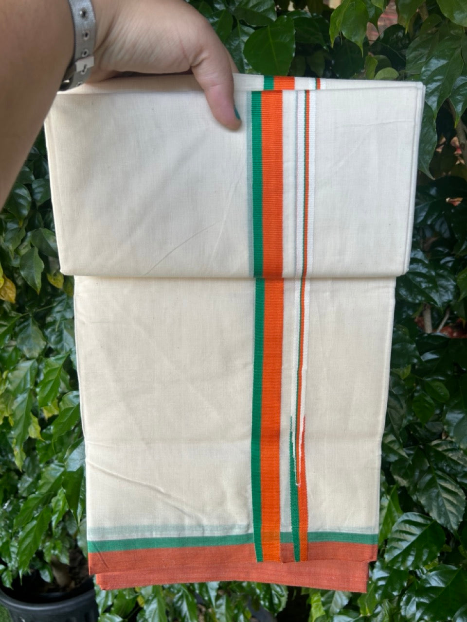 BJP VESHTI - 20% DISCOUNT! KaithariKada 100% Cotton off white Double - (Unbleached) Mundu/Dhoti - 100X80 - 0.75 inch Puliyilakkara Orange & Green Chutty Kara - 4mtr (8.5 muzham) - 18KK5238 ASH