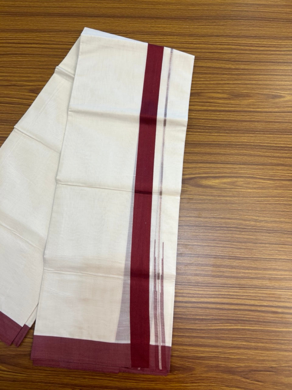 20% Discount ! KaithariKada Balaramapuram 100% Cotton Double OFF WHITE - (Unbleached) - Mundu / Dhoti- 100x80 - Puliyilakkara 1.5 inch Silver kasavu & Maroon striped chutty Kara - 3 KK5273 VIN