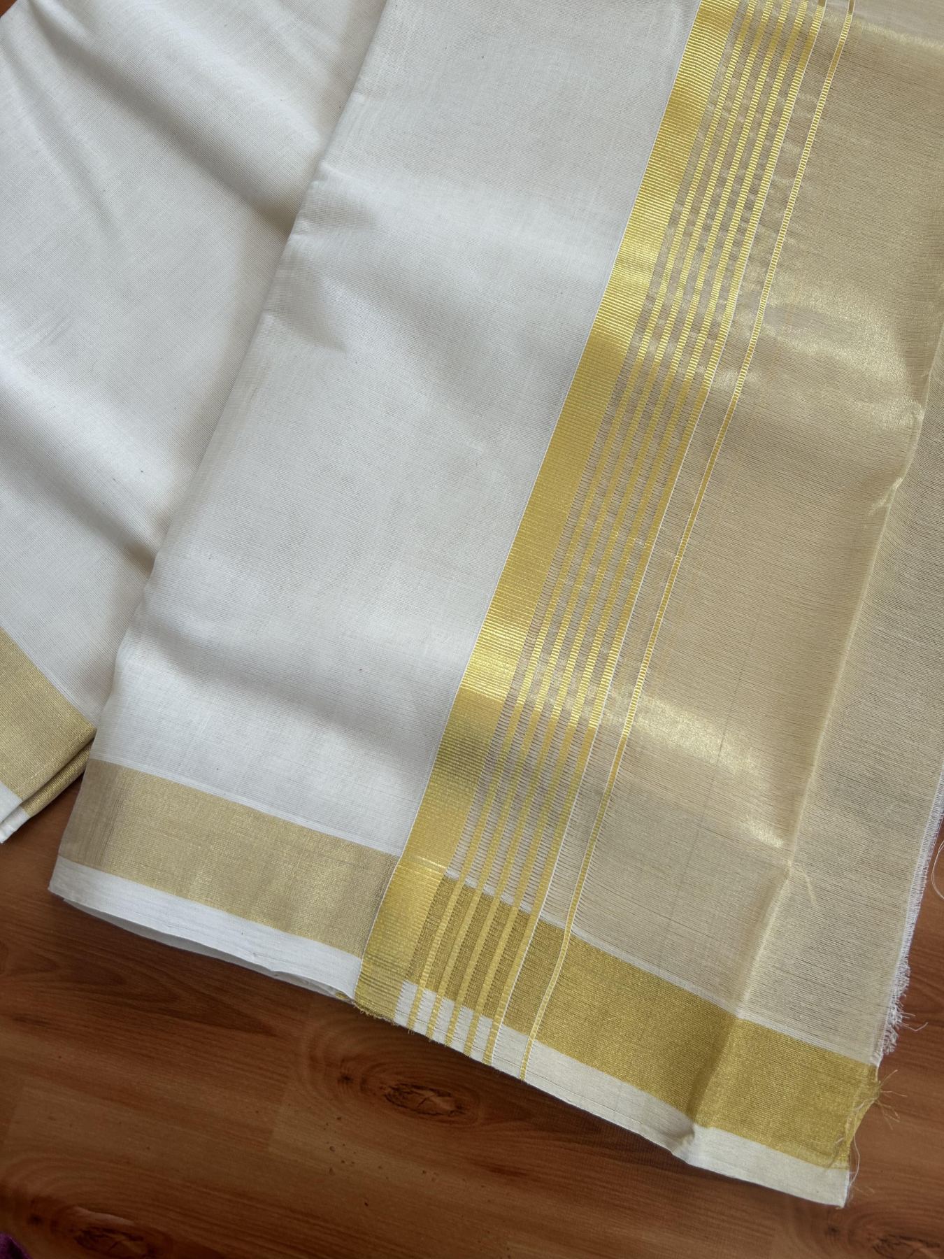 25% Discount ! KaithariKada Handloom Milpaav  - Kerala Handloom - Pure Cotton Off White - (Unbleached) Double Mundu/Dhoti - 80X90 - 6.75 inch Gold Kasav Striped & Half Tissue Kara 4 mtr (8.5 Muzham) - 48 KK5383 RAM