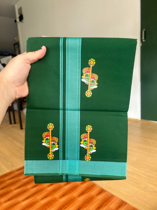 Single Kaily / Lungi- 20% Discount !! Kaitharikada - Pure Cotton - (40s) - 1.25 inch Teal Green Striped kathakali Printed Design Kara with Green colour Body (2 meter / 4 muzham) - 5 KK8059 GAN