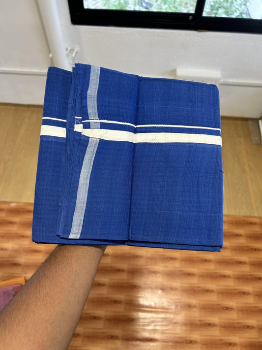 Kerala Handloom Single Kaily/Lungi - KaithariKada 100% Pure Cotton - 40s - 0.5 cm White Stripes Kara With Blue colour Body - (2 meter / 4 muzham) - 2 KK8065 ELA