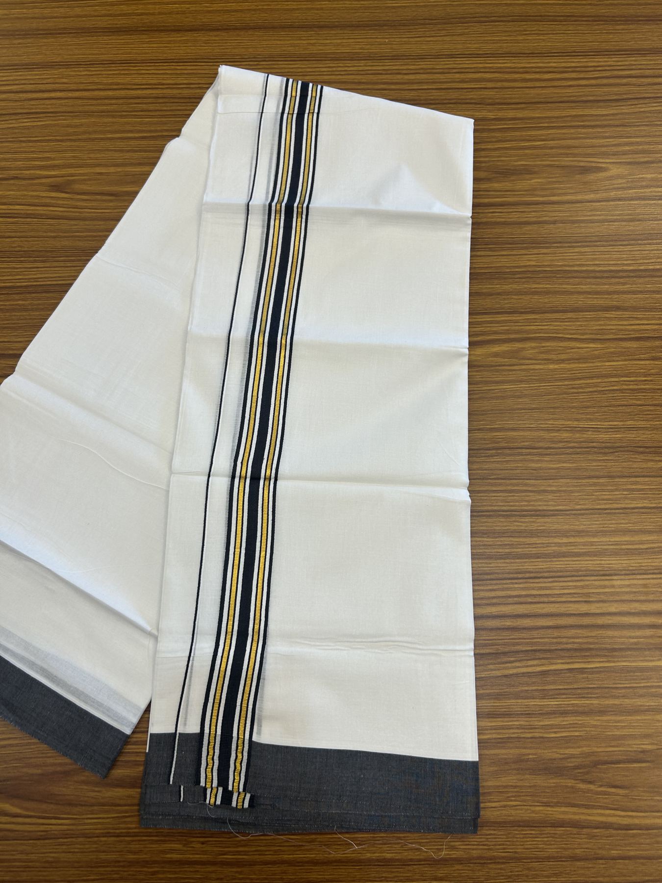 20% Discount! KaithariKada Balaramapuram 100% Cotton Double Pure white Mundu/Dhoti- 100x80 - 1.25 inch Gold Kasav & Black Stripes kara 3.75 mtr ( 8 muzham) - 37 KK5315 VAS