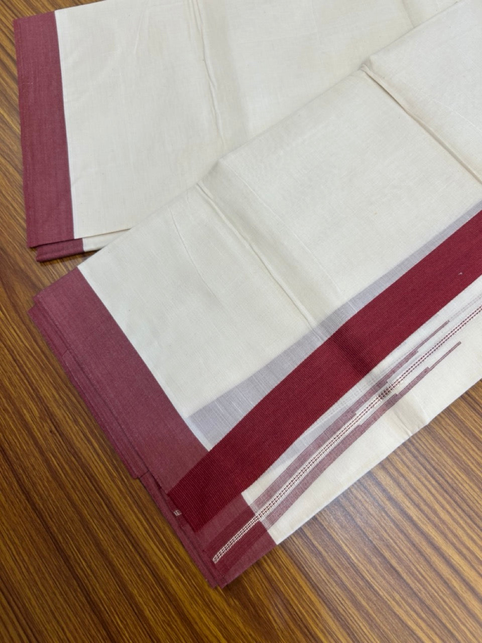 20% Discount ! KaithariKada Balaramapuram 100% Cotton Double OFF WHITE - (Unbleached) - Mundu / Dhoti- 100x80 - Puliyilakkara 1.5 inch Silver kasavu & Maroon striped chutty Kara - 3 KK5273 VIN