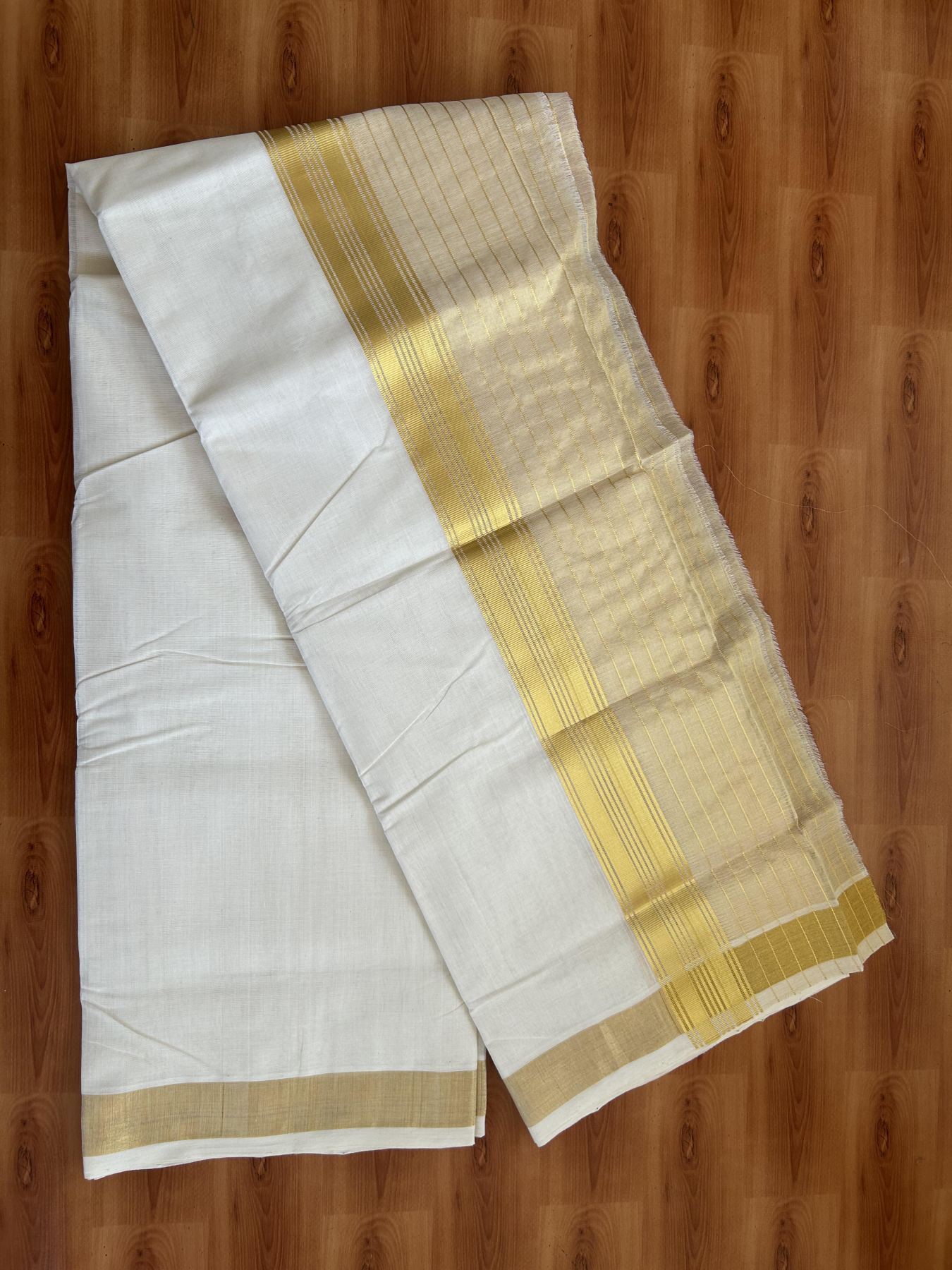 25% Discount ! KaithariKada Handloom Milpaav  - Kerala Handloom - Pure Cotton Off White - (Unbleached) Double Mundu/Dhoti - 80X90 - 6.75 inch Gold Kasav Striped & Half Tissue Kara 4 mtr (8.5 Muzham) - 50 KK5383 RAM