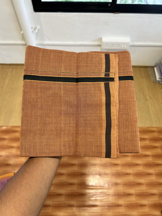 Kerala Handloom Single Kaily/Lungi - KaithariKada 100% Pure Cotton - 40s - 0.5 cm Orange & Black Kara With Dark Kavi colour Body - (2 meter / 4 muzham) - 12 KK8065 ELA