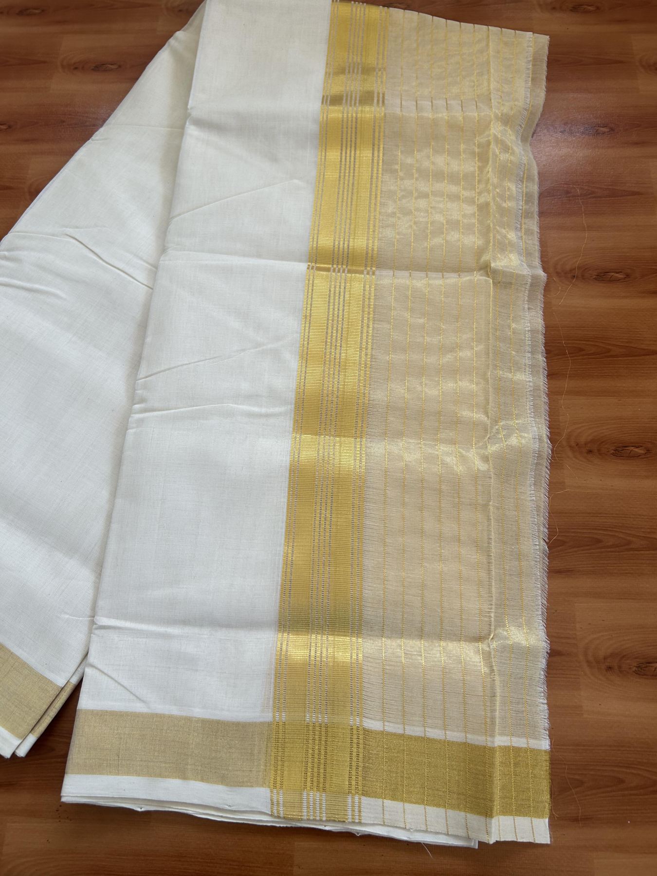 25% Discount ! KaithariKada Handloom Milpaav  - Kerala Handloom - Pure Cotton Off White - (Unbleached) Double Mundu/Dhoti - 80X90 - 6.75 inch Gold Kasav Striped & Half Tissue Kara 4 mtr (8.5 Muzham) - 50 KK5383 RAM