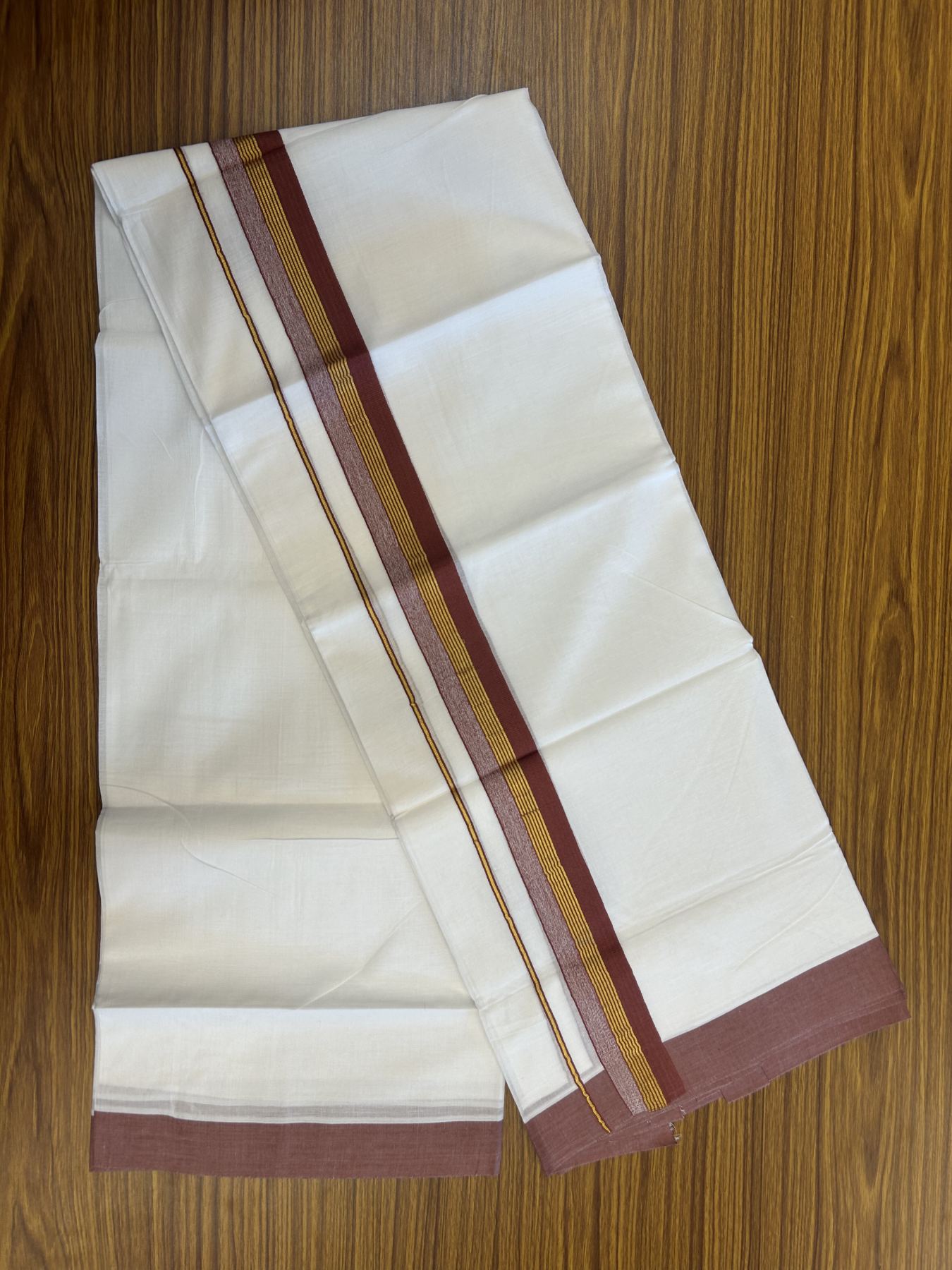 20% Discount! KaithariKada Balaramapuram 100% Cotton Double Pure white Mundu/Dhoti- 100x80 - 1.5 inch Gold Kasav & Pestel Maroon Stripes kara 3.75 mtr (8 muzham) - 41 KK5315 VAS