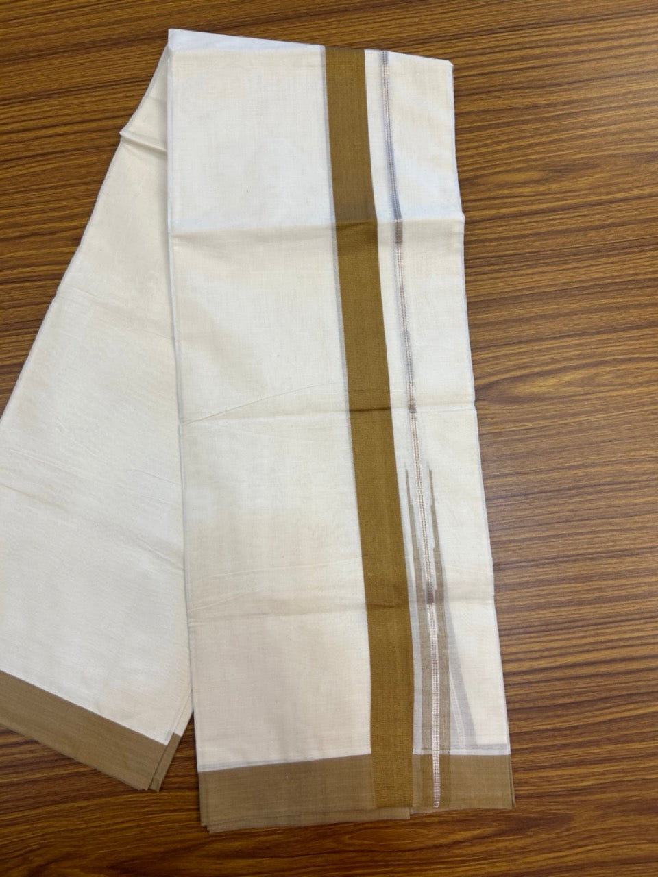 20% Discount ! KaithariKada Balaramapuram 100% Cotton Double OFF WHITE - (Unbleached) - Mundu / Dhoti- 100x80 - Puliyilakkara 1.5 inch Silver kasavu & Sand Brown striped chutty Kara - 4 KK5273 VIN
