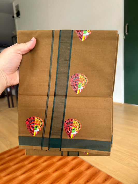 Single Kaily / Lungi- 20% Discount !! Kaitharikada - Pure Cotton - (40s) - 1.25 inch Green Shaded kathakali & Theyyam Printed Design Kara with Autumn Brown colour Body (2 meter / 4 muzham) - 4 KK8059 GAN