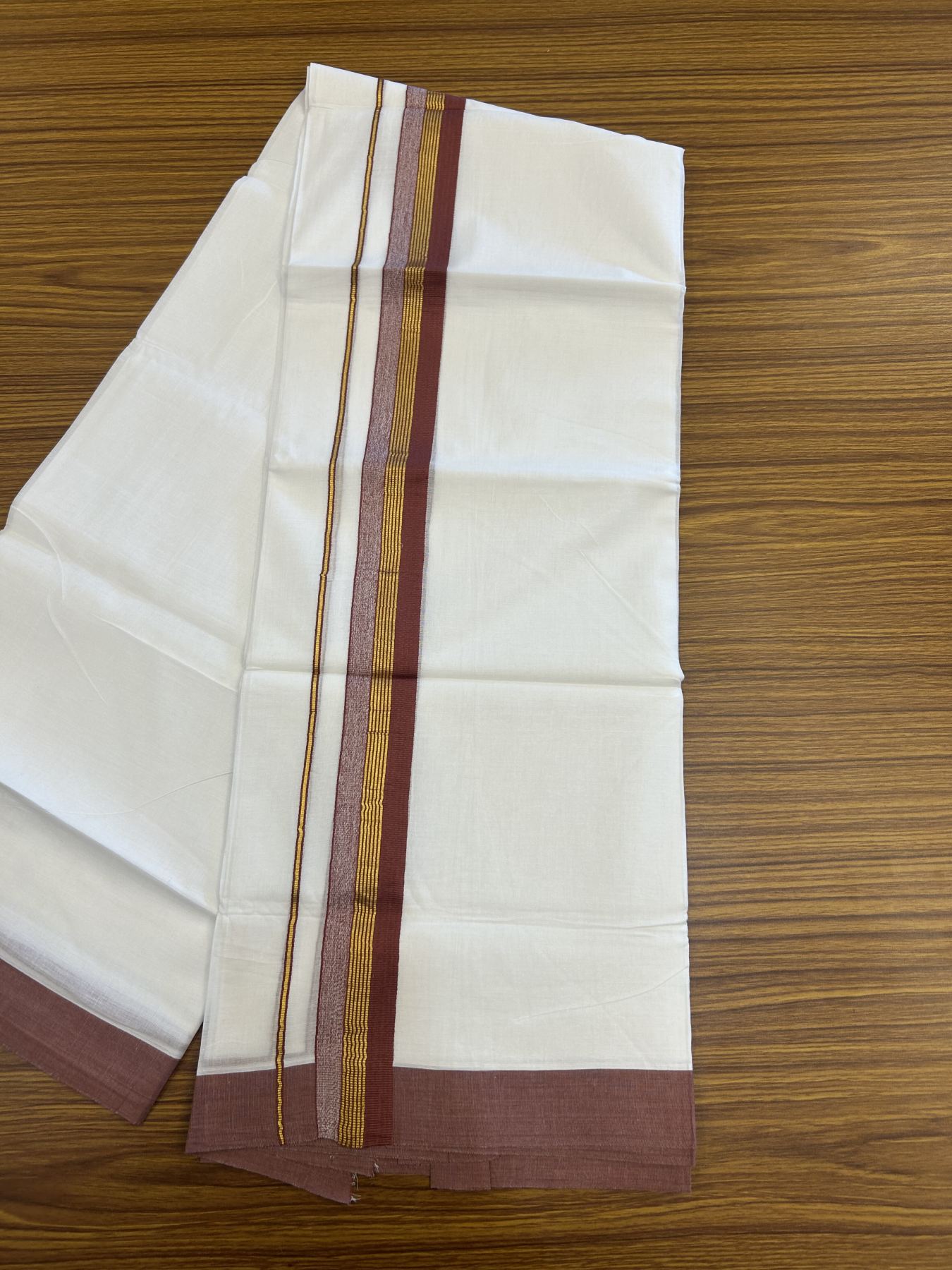 20% Discount! KaithariKada Balaramapuram 100% Cotton Double Pure white Mundu/Dhoti- 100x80 - 1.5 inch Gold Kasav & Pestel Maroon Stripes kara 3.75 mtr (8 muzham) - 41 KK5315 VAS