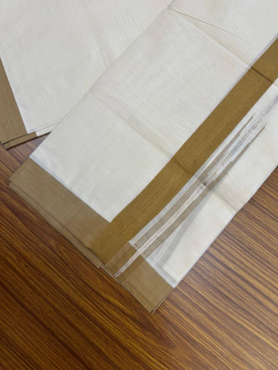 20% Discount ! KaithariKada Balaramapuram 100% Cotton Double OFF WHITE - (Unbleached) - Mundu / Dhoti- 100x80 - Puliyilakkara 1.5 inch Silver kasavu & Sand Brown striped chutty Kara - 4 KK5273 VIN