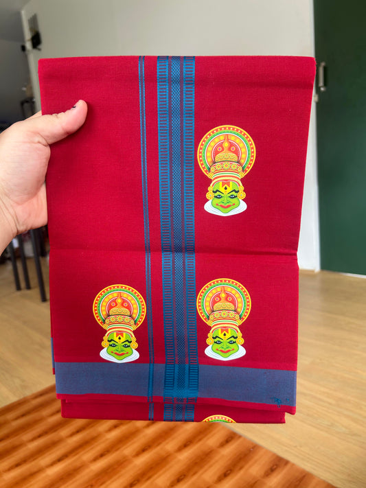 Single Kaily / Lungi- 20% Discount !! Kaitharikada - Pure Cotton - (40s) - 1.25 inch Peacock Blue Striped Kadhakali Printed Design Kara with Maroon colour Body (2 meter / 4 muzham) - 28 KK8059 GAN