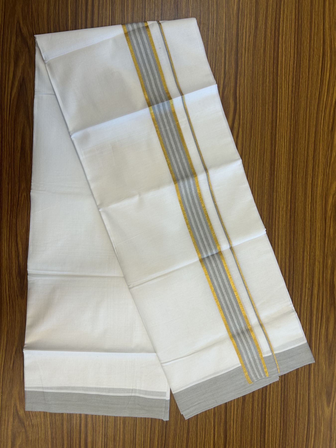 20% Discount! KaithariKada Balaramapuram 100% Cotton Double Pure white Mundu/Dhoti- 100x80 - 1.5 inch Gold Kasav & Grey Stripes kara 3.75 mtr (8 muzham) - 44 KK5315 VAS