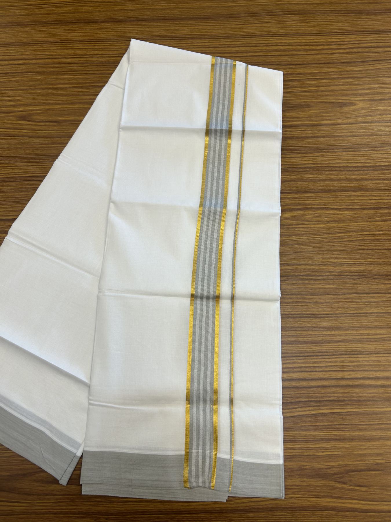 20% Discount! KaithariKada Balaramapuram 100% Cotton Double Pure white Mundu/Dhoti- 100x80 - 1.5 inch Gold Kasav & Grey Stripes kara 3.75 mtr (8 muzham) - 44 KK5315 VAS