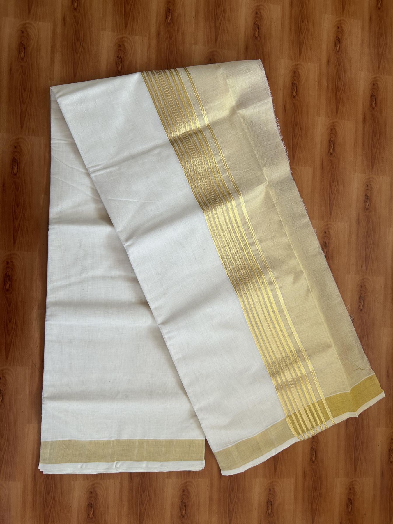 25% Discount ! KaithariKada Handloom Milpaav  - Kerala Handloom - Pure Cotton Off White - (Unbleached) Double Mundu/Dhoti - 80X90 - 6.75 inch Gold Kasav Striped & Half Tissue Kara 4 mtr (8.5 Muzham) - 44 KK5383 RAM