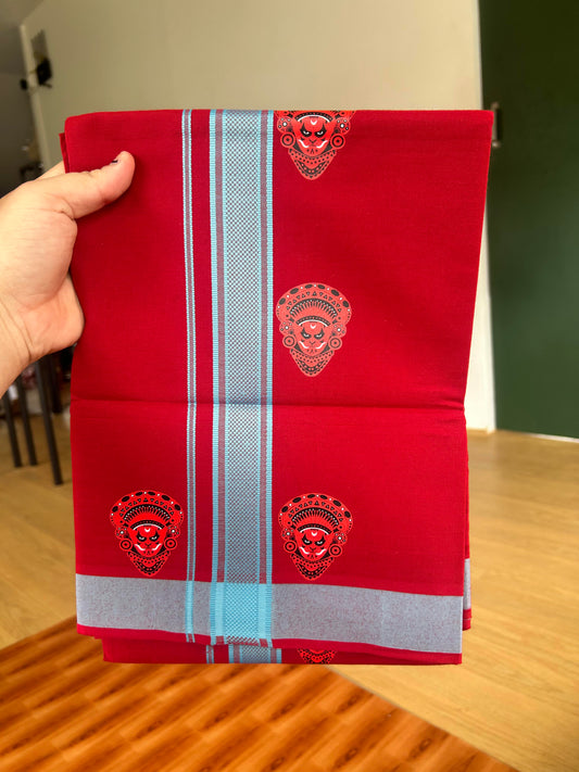 Single Kaily / Lungi- 20% Discount !! Kaitharikada - Pure Cotton - (40s) - 1.25 inch Light Blue Striped Theyyam Printed Design Kara with Maroon colour Body (2 meter / 4 muzham) - 26 KK8059 GAN