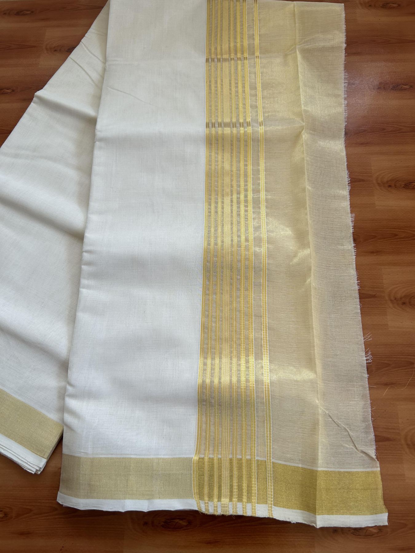 25% Discount ! KaithariKada Handloom Milpaav  - Kerala Handloom - Pure Cotton Off White - (Unbleached) Double Mundu/Dhoti - 80X90 - 6.75 inch Gold Kasav Striped & Half Tissue Kara 4 mtr (8.5 Muzham) - 44 KK5383 RAM