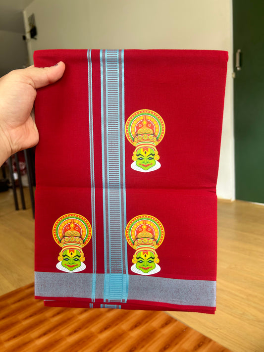 Single Kaily / Lungi- 20% Discount !! Kaitharikada - Pure Cotton - (40s) - 1.25 inch Light Blue Striped Kadhakali Printed Design Kara with Maroon colour Body (2 meter / 4 muzham) - 27 KK8059 GAN