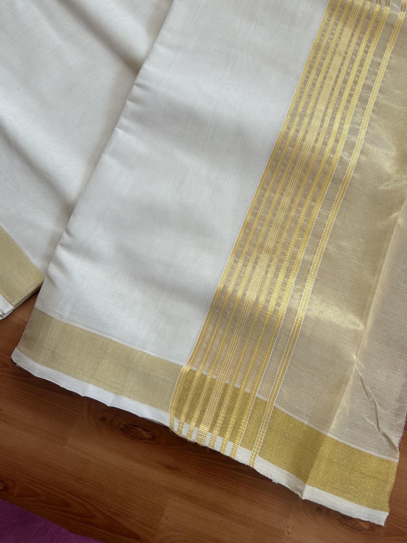 25% Discount ! KaithariKada Handloom Milpaav  - Kerala Handloom - Pure Cotton Off White - (Unbleached) Double Mundu/Dhoti - 80X90 - 6.75 inch Gold Kasav Striped & Half Tissue Kara 4 mtr (8.5 Muzham) - 44 KK5383 RAM