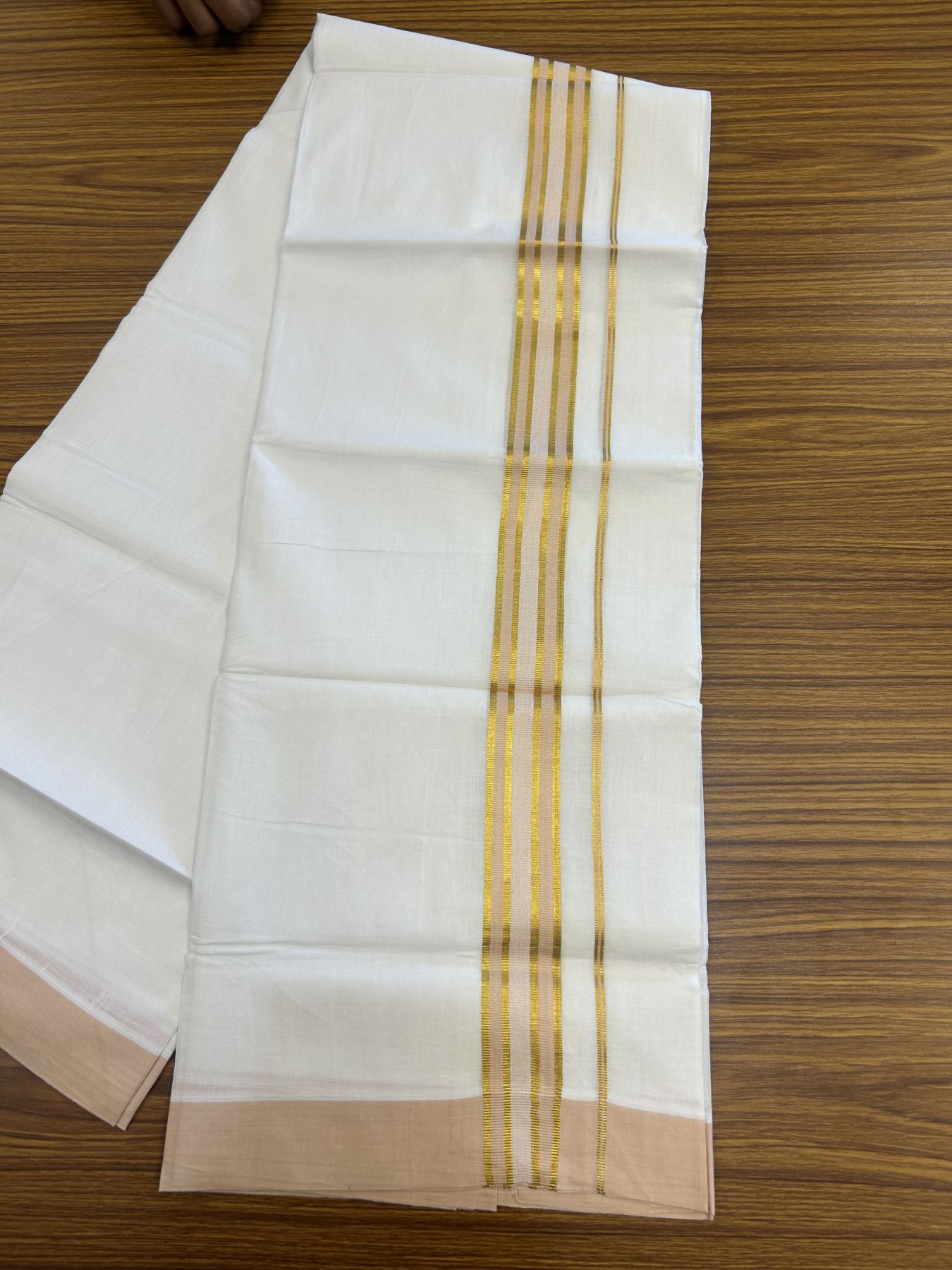 20% Discount! KaithariKada Balaramapuram 100% Cotton Double Pure white Mundu/Dhoti- 100x80 - 1.25 inch Gold Kasav & Pestel Peach kara 3.75 mtr ( 8 muzham) - 9 KK5315 VAS