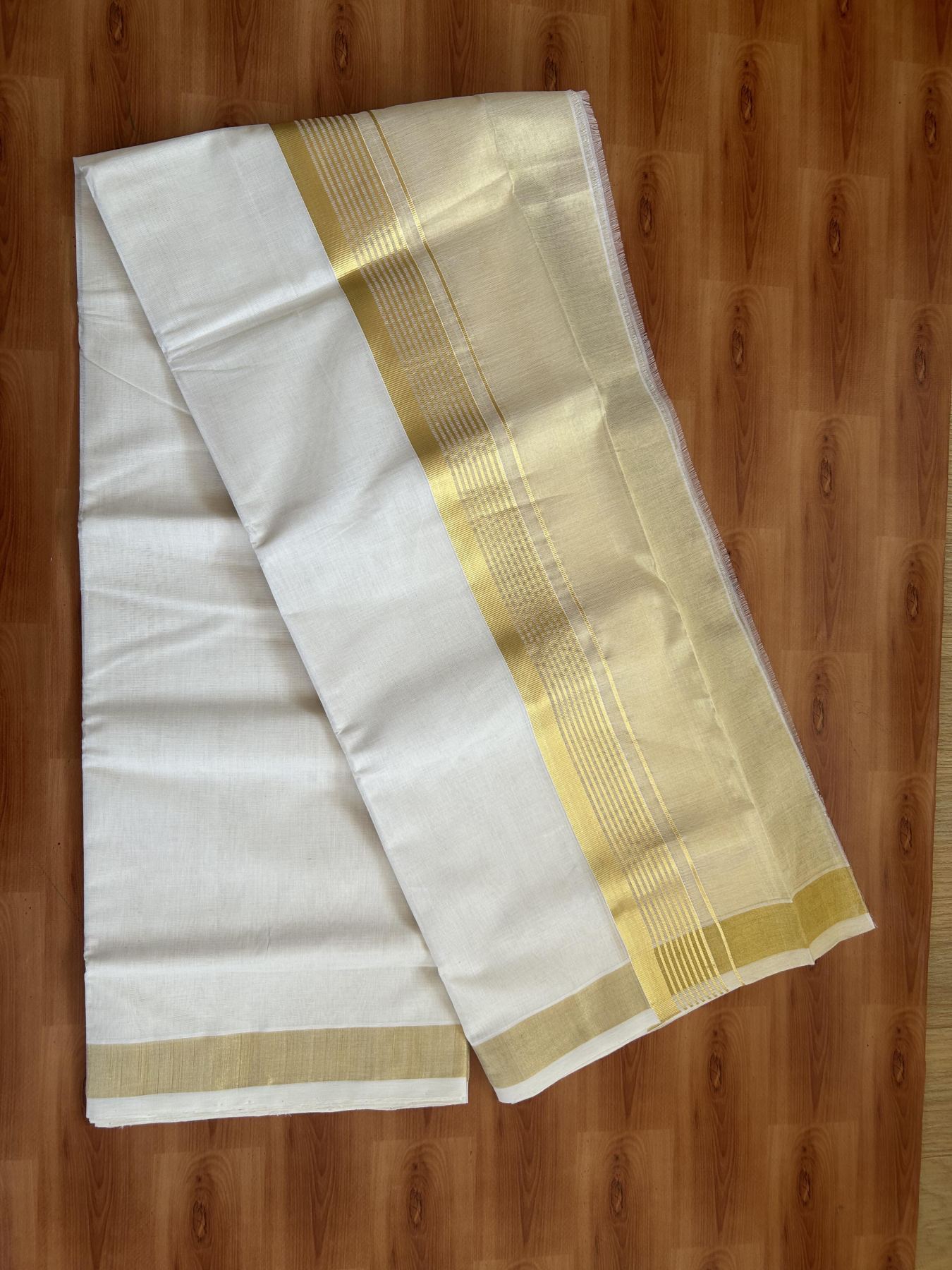 25% Discount ! KaithariKada Handloom Milpaav  - Kerala Handloom - Pure Cotton Off White - (Unbleached) Double Mundu/Dhoti - 80X90 - 6.75 inch Gold Kasav Striped & Half Tissue Kara 4 mtr (8.5 Muzham) - 47 KK5383 RAM