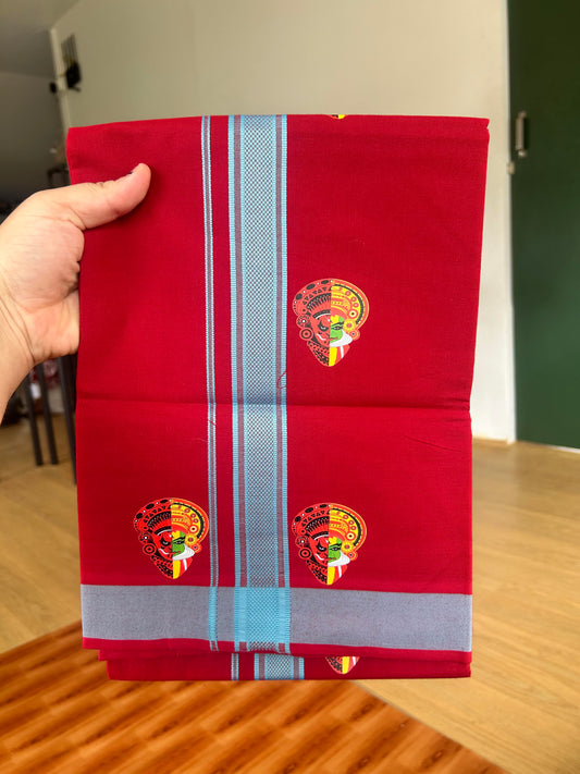 Single Kaily / Lungi- 20% Discount !! Kaitharikada - Pure Cotton - (40s) - 1.25 inch Light Blue Striped Kadhakali & Theyyam Printed Design Kara with Maroon colour Body (2 meter / 4 muzham) - 31 KK8059 GAN