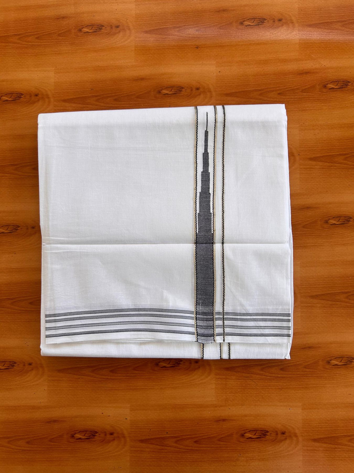 Pure white Double Mundu/Dhoti - 23% Discount! KaithariKada 100% Cotton - 100X80 - 0.75 inch Silver Kasav Black One Side Chutty Kara - 3.90 mtr (8.5 muzham) - 2 KK5528 VAS