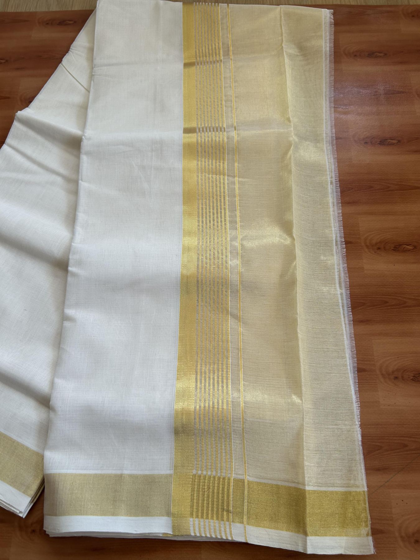 25% Discount ! KaithariKada Handloom Milpaav  - Kerala Handloom - Pure Cotton Off White - (Unbleached) Double Mundu/Dhoti - 80X90 - 6.75 inch Gold Kasav Striped & Half Tissue Kara 4 mtr (8.5 Muzham) - 47 KK5383 RAM