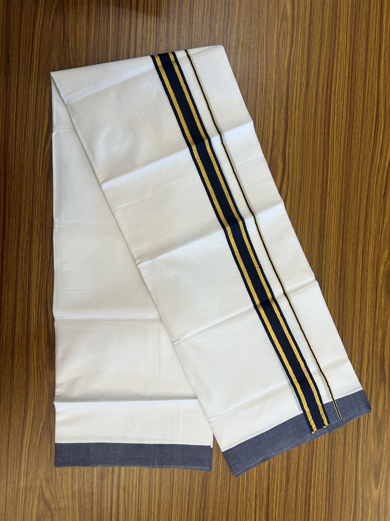 20% Discount! KaithariKada Balaramapuram 100% Cotton Double Pure white Mundu/Dhoti- 100x80 - 1.5 inch Gold Kasav & Navy Blue Stripes kara 3.75 mtr (8 muzham) - 46 KK5315 VAS