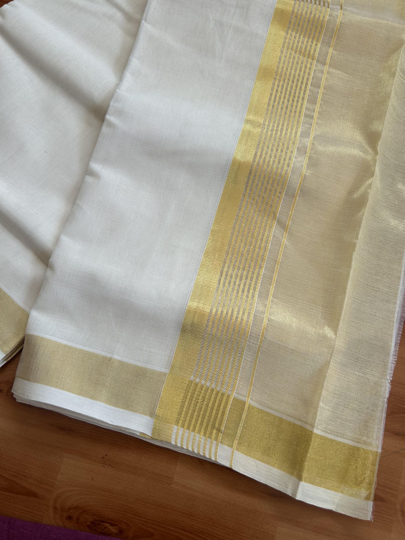 25% Discount ! KaithariKada Handloom Milpaav  - Kerala Handloom - Pure Cotton Off White - (Unbleached) Double Mundu/Dhoti - 80X90 - 6.75 inch Gold Kasav Striped & Half Tissue Kara 4 mtr (8.5 Muzham) - 47 KK5383 RAM