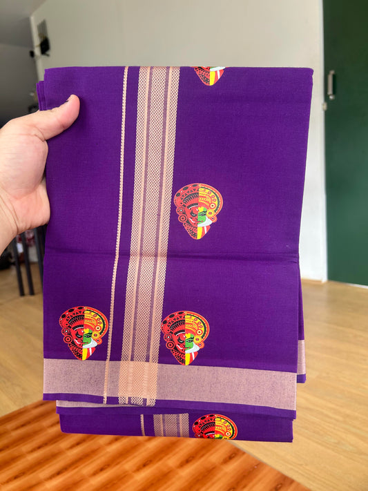 Single Kaily / Lungi- 20% Discount !! Kaitharikada - Pure Cotton - (40s) - 1.5 inch Cream Striped Theyyam & Kadhakali Printed Design Kara with Deep Violet colour Body (2 meter / 4 muzham) - 15 KK8059 GAN