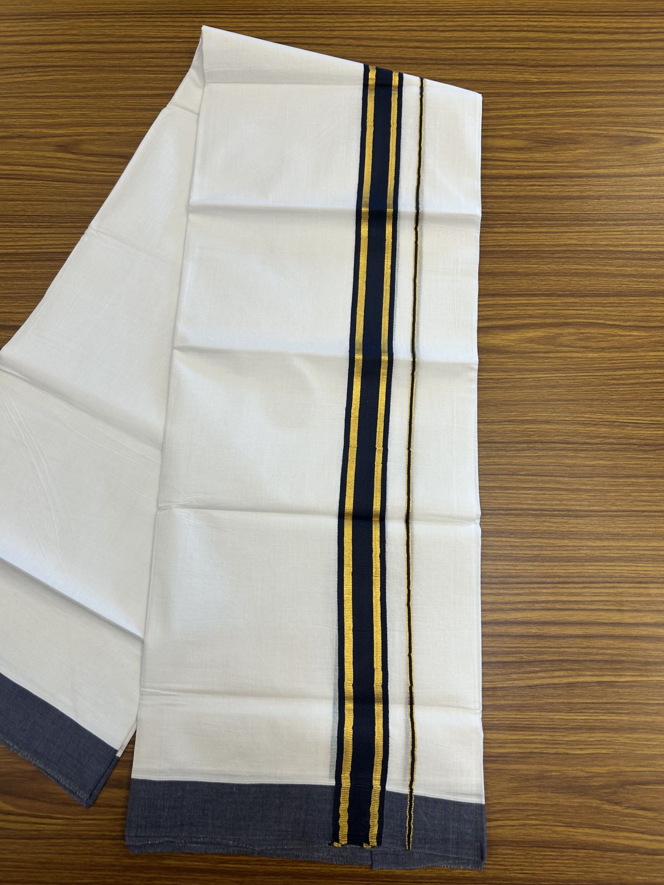 20% Discount! KaithariKada Balaramapuram 100% Cotton Double Pure white Mundu/Dhoti- 100x80 - 1.5 inch Gold Kasav & Navy Blue Stripes kara 3.75 mtr (8 muzham) - 46 KK5315 VAS