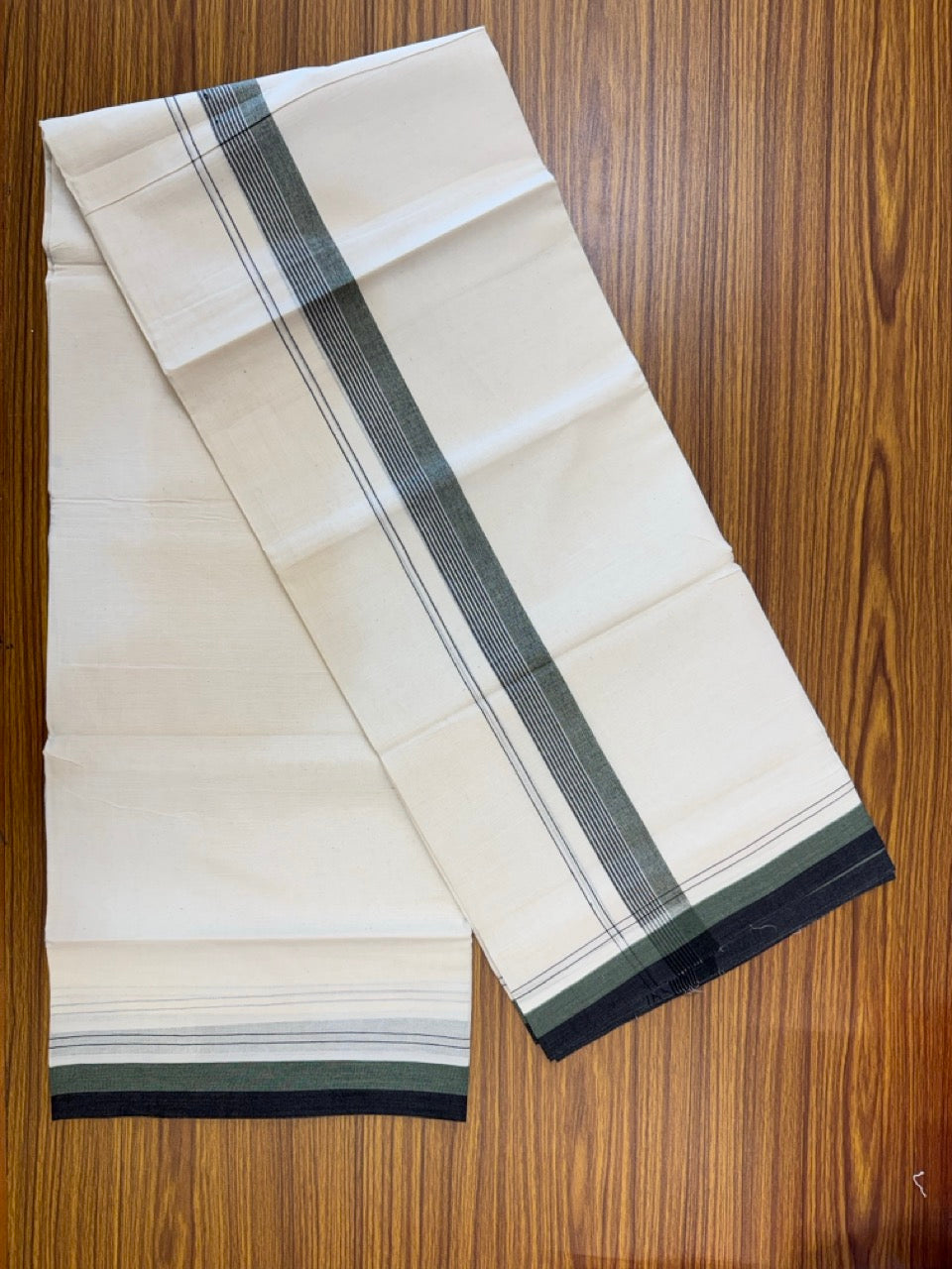 20% Discount! KaithariKada Balaramapuram 100% Cotton Off white Double Mundu/Dhoti - (100x80)S - 1.5 inch Light Green & Black Shaded & Striped Kara - 4mtr (8.5muzham) - 101 KK5255 VAS