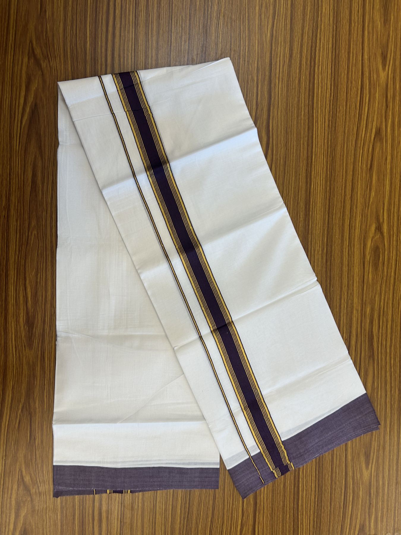20% Discount! KaithariKada Balaramapuram 100% Cotton Double Pure white Mundu/Dhoti- 100x80 - 1.25 inch Gold Kasav & Deep Purple Stripes kara 3.75 mtr (8 muzham) - 40 KK5315 VAS