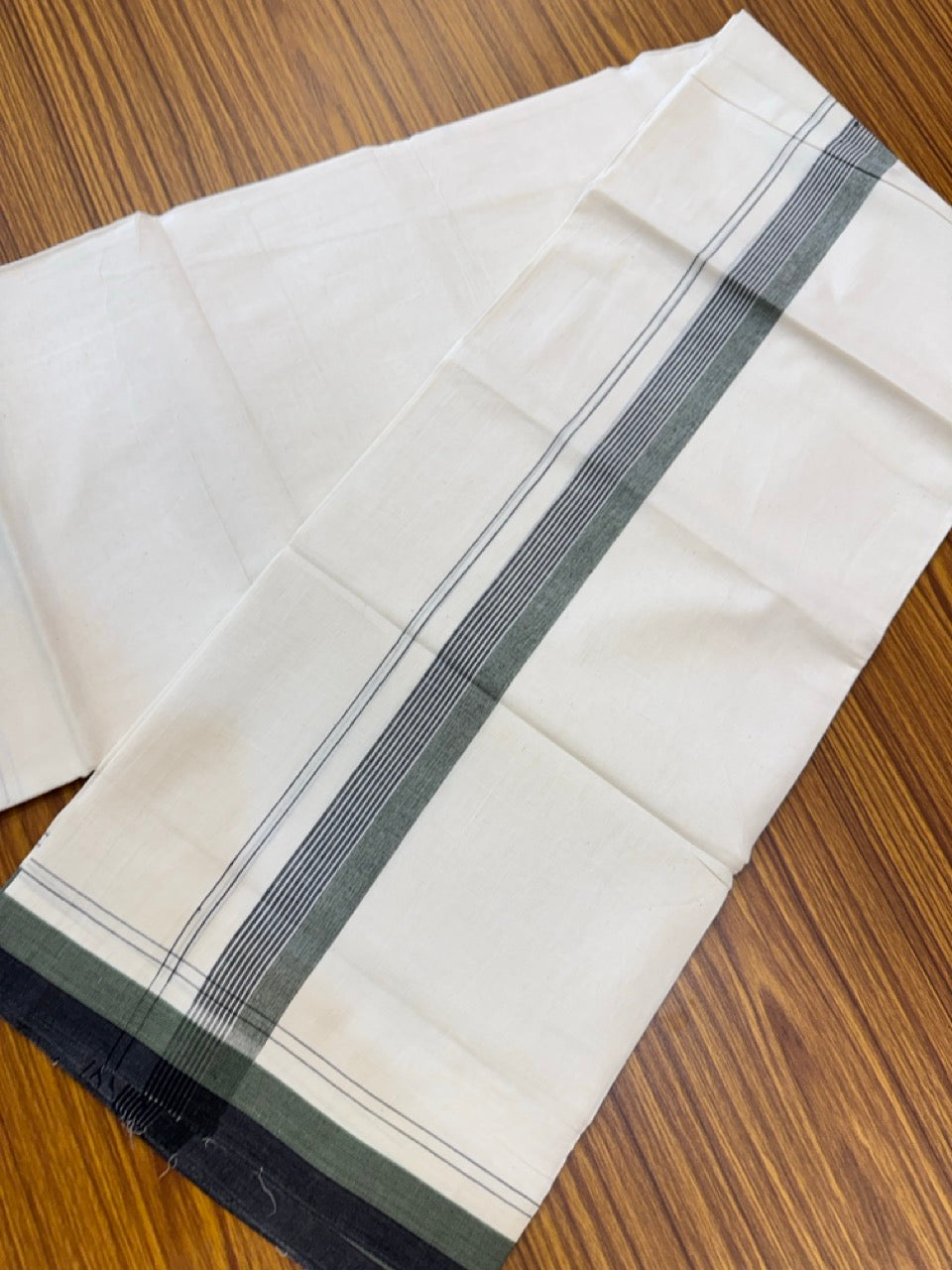 20% Discount! KaithariKada Balaramapuram 100% Cotton Off white Double Mundu/Dhoti - (100x80)S - 1.5 inch Light Green & Black Shaded & Striped Kara - 4mtr (8.5muzham) - 101 KK5255 VAS