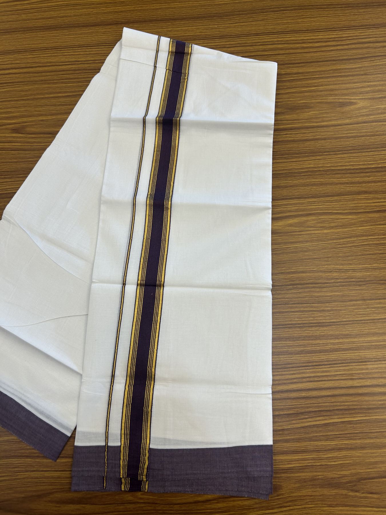 20% Discount! KaithariKada Balaramapuram 100% Cotton Double Pure white Mundu/Dhoti- 100x80 - 1.25 inch Gold Kasav & Deep Purple Stripes kara 3.75 mtr (8 muzham) - 40 KK5315 VAS