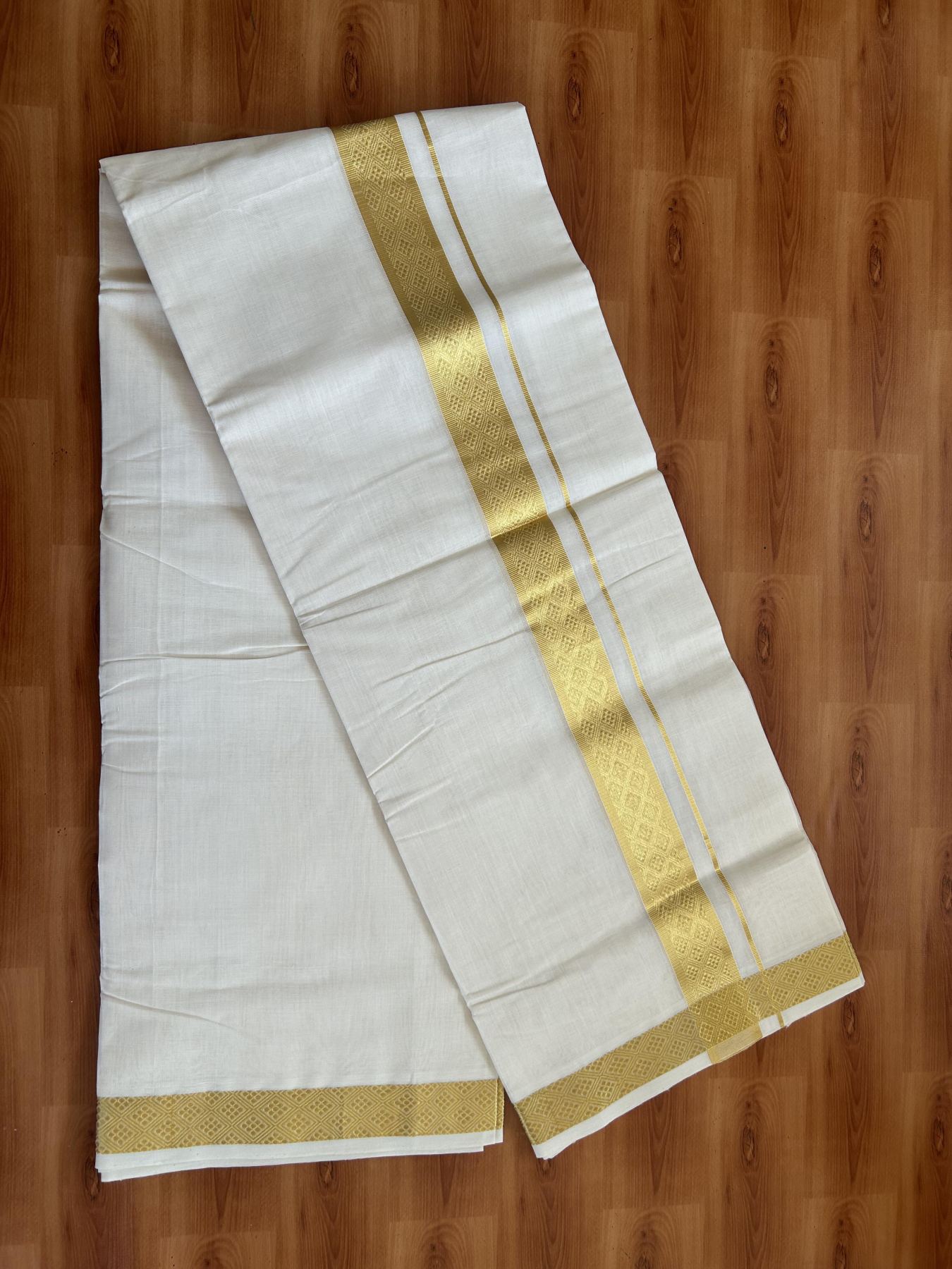 25% Discount ! KaithariKada Kerala Handloom Millpaav  - 100% Pure Cotton Off White- (Unbleached) Double Mundu/Dhoti - 80x90 - 1.5 inch Gold Kasav Jacquard Design Kara 4 mtr (8.5 Muzham) - 40 KK5383 RAM