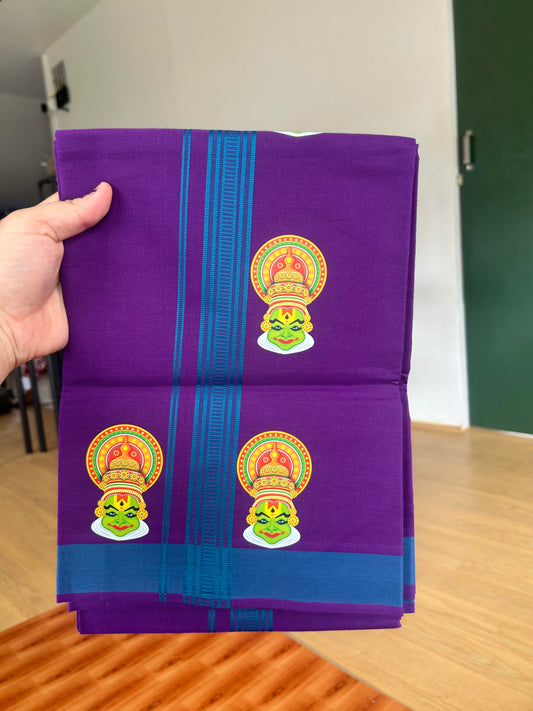 Single Kaily / Lungi- 20% Discount !! Kaitharikada - Pure Cotton - (40s) - 1.25 inch Peacock Blue Striped Kadhakali Printed Design Kara with Deep Violet colour Body (2 meter / 4 muzham) - 13 KK8059 GAN